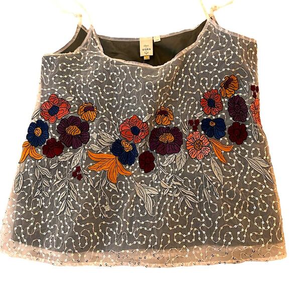 Seen Worn Kept Anthro Silver Floral Sequined Embroidered Cami, size XS - Picture 3 of 9